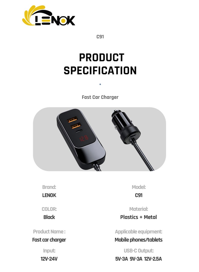 لينوك شاحن سيارة USB C بقدرة 120 واط مع 4 منافذ شحن سريع، مع كابل بطول 5 قدم متوافق مع اجهزة ايفون وسامسونج - Image 5